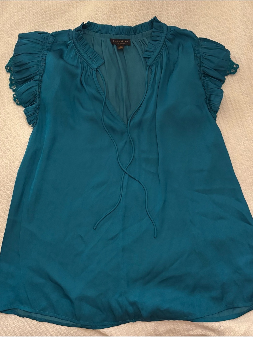 Current Air Teal Tie-Neck Ruffle Sleeve Blouse